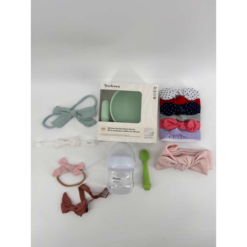 Yooforea Silicone Feeding Set Philips Avent Bottle and 10 Baby Headbands Lot